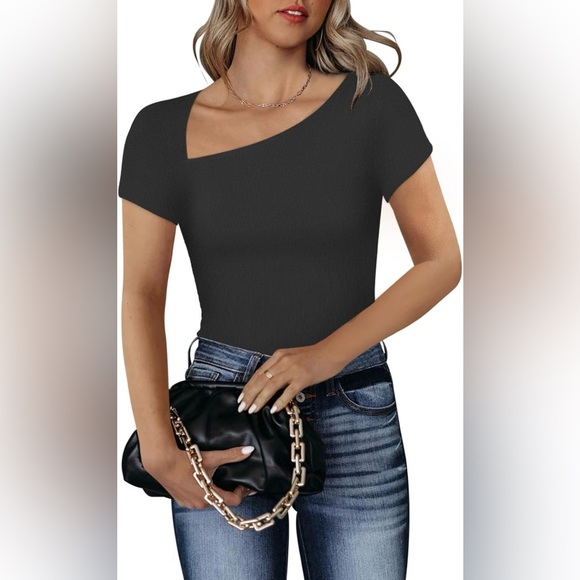 Medium brown REORIA Asymmetrical Neck Long Sleeve Ribbed Slimming Thong Bodysuit - Picture 1 of 4